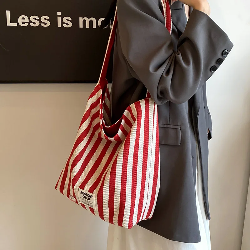Полосатая холщовая сумка, новая корейская сумка-тоут Ins, повседневная сумка, большая сумка на одно плечо, сумка для покупок