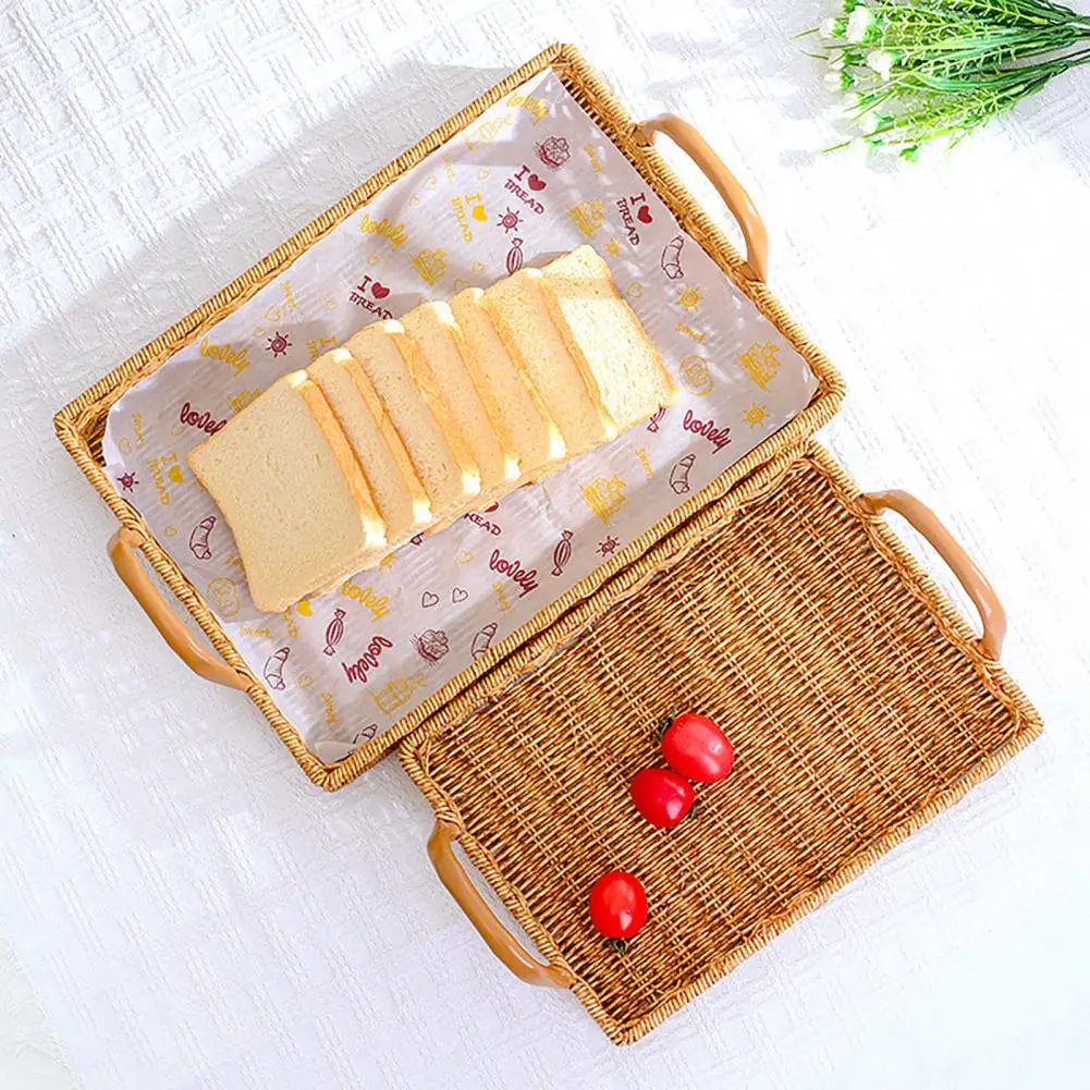 Rattan Braided Serving Tray With Handles Drainage Smooth Edge Home Fruit Snack Tea Cups Bread Serving Pallet Holder Fruit Basket