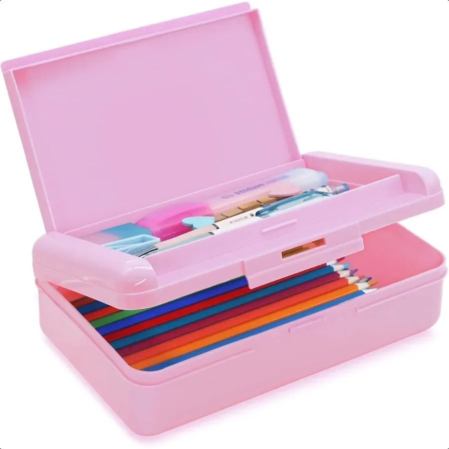 Double Layer Pencil Box Hard Pencil case 2 Compartments Plastic Large Capacity Pencil Case with Snaptight Lid Hard Storage Orga