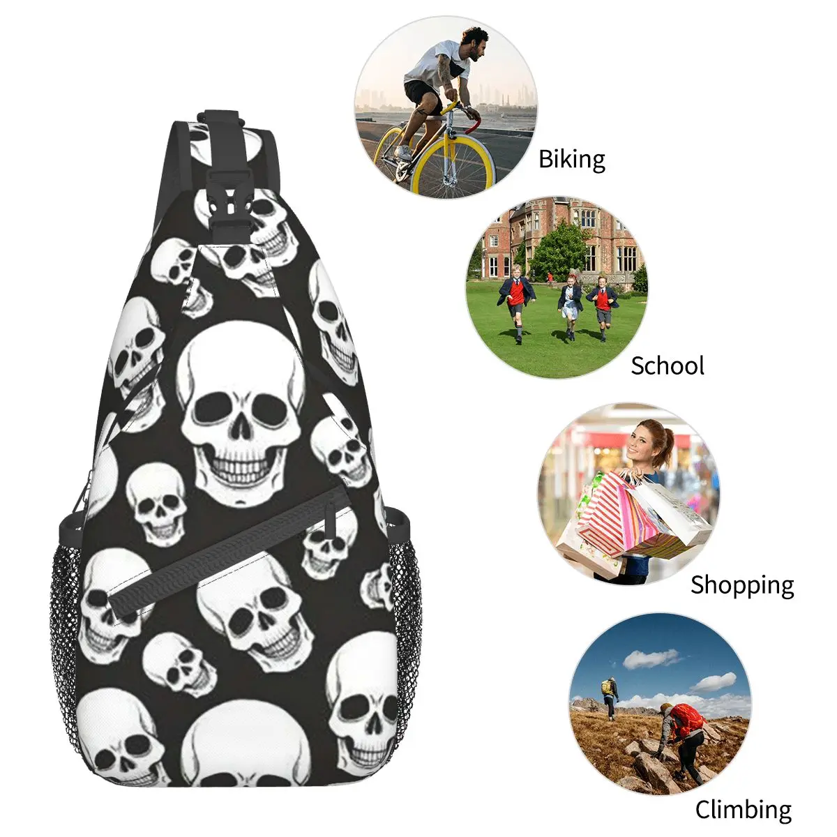 Gothic Death Skull Crossbody Sling Bags Small Chest Bag Shoulder Backpack Daypack para Caminhadas Outdoor Ciclismo Satchel