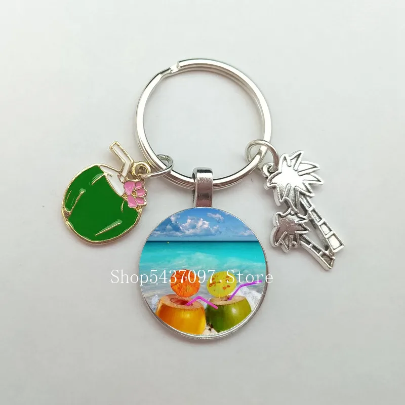 Beautiful Ocean Landscape Glass Keychain Beach Coconut Coconut Tree Keychain Leisure Relax Gift Travel Jewelry