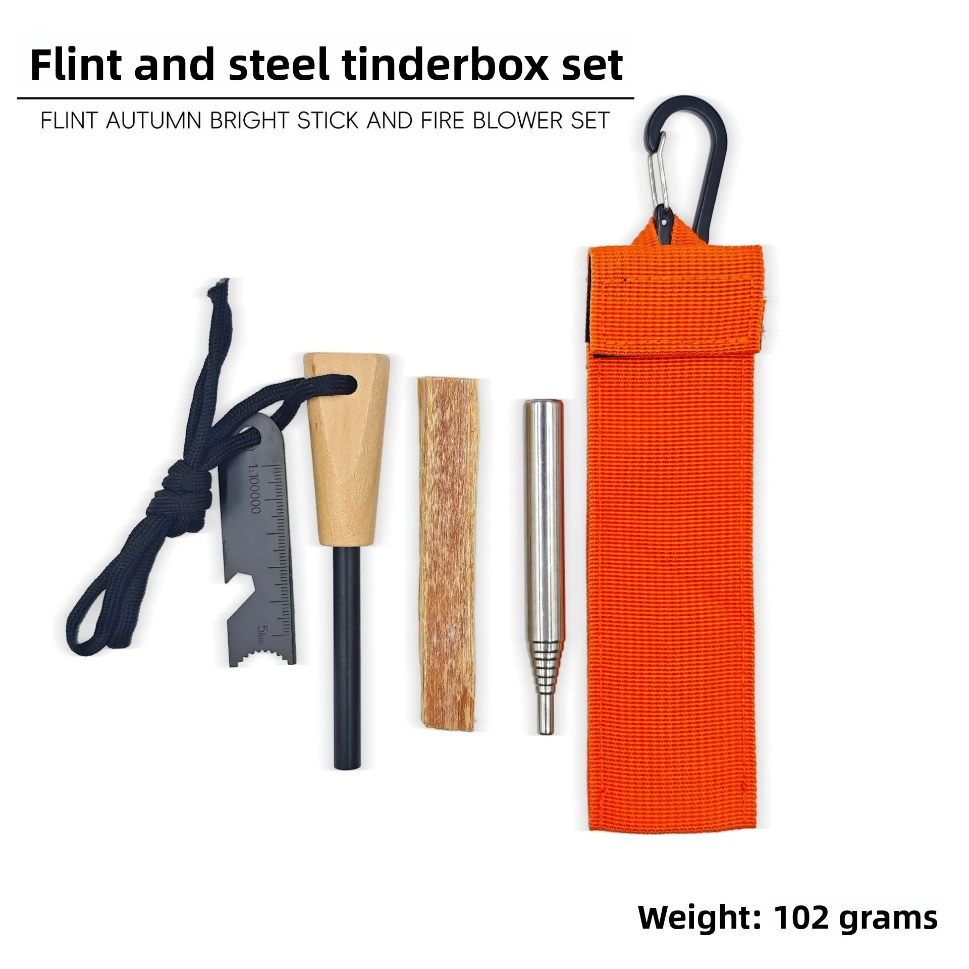 Juego de soplete con varilla de magnesio, bolsa de cinta transparente y pino de pedernal, kit de supervivencia, soplete telescópico portátil de acero inoxidable