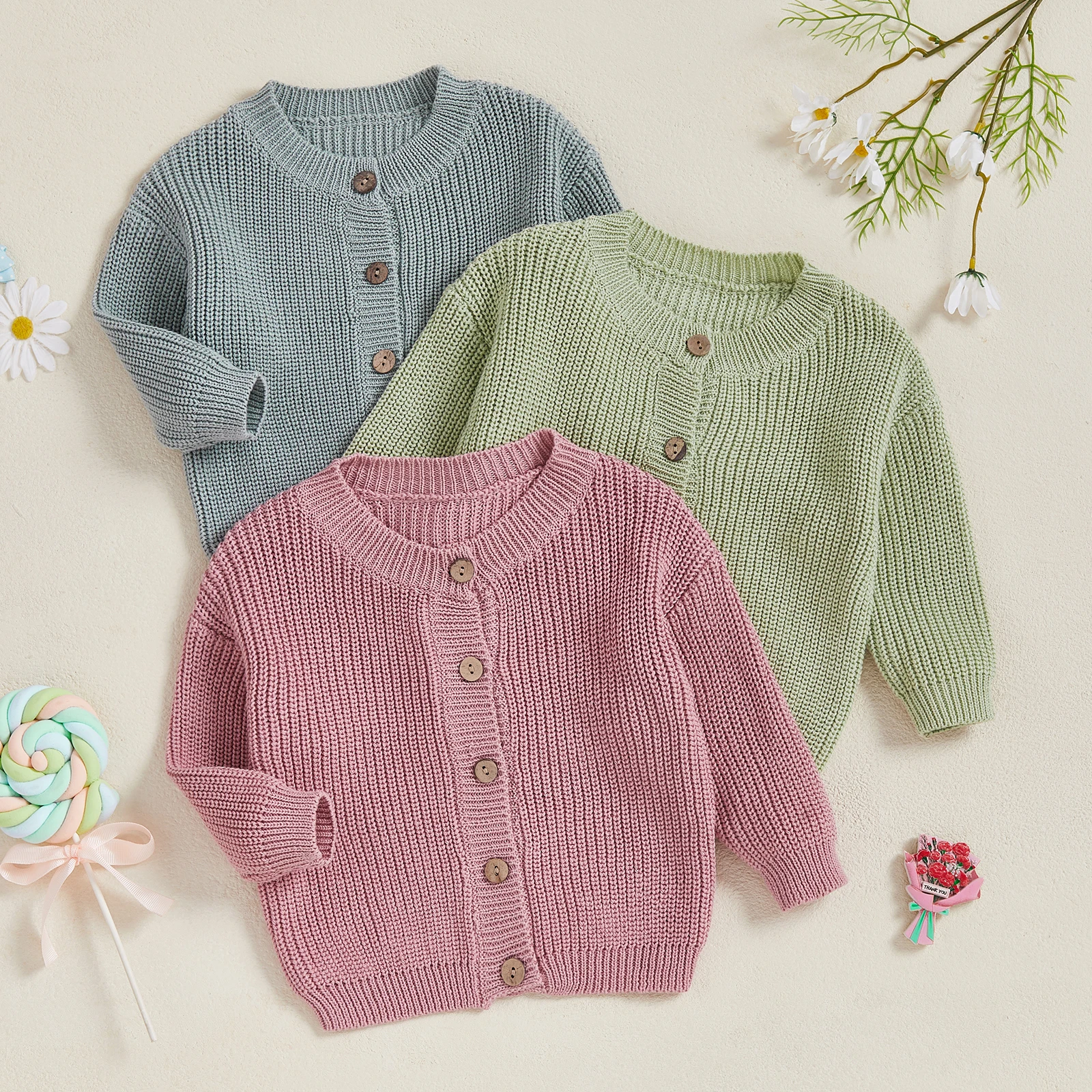 

VISgogo 0-6 Years Little Girls Boys Knit Button Up Sweaters Long Sleeve Round Neck Solid Color Casual Knitwear Cardigan