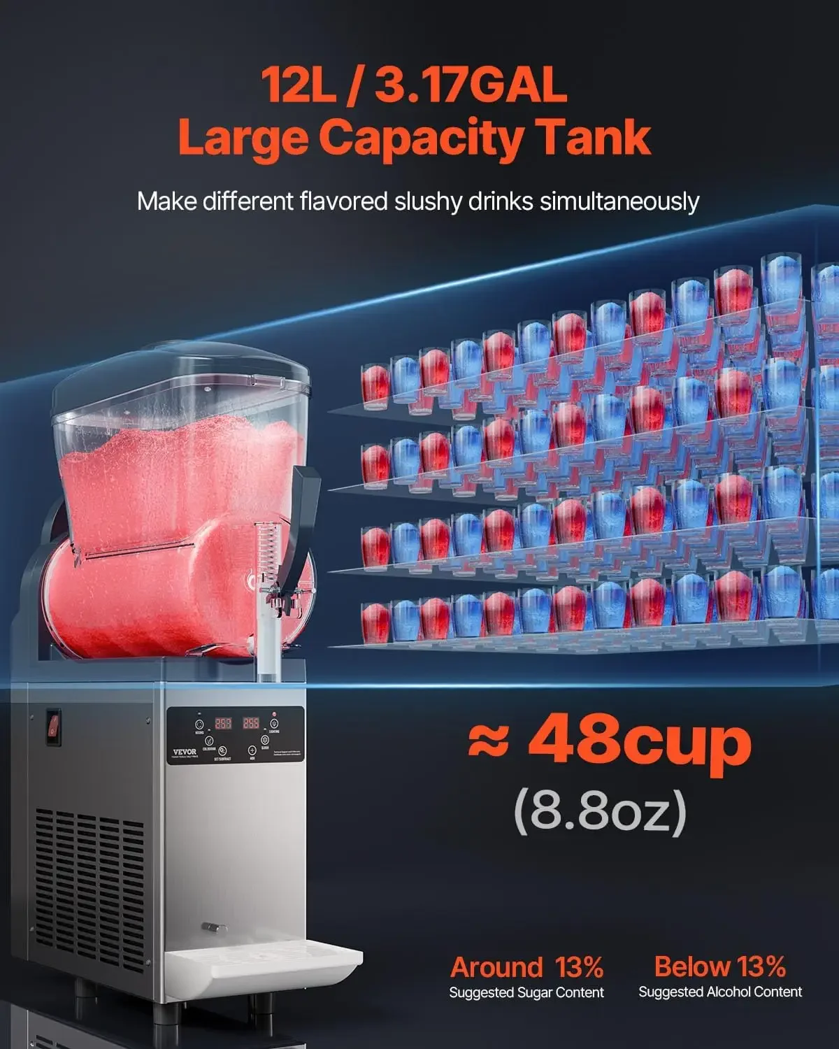 Commercial Slushy Machine 12L Single Tank Frozen Drink Machine 48 Cups Stainless Steel Margarita Smoothie Frozen Drink Maker