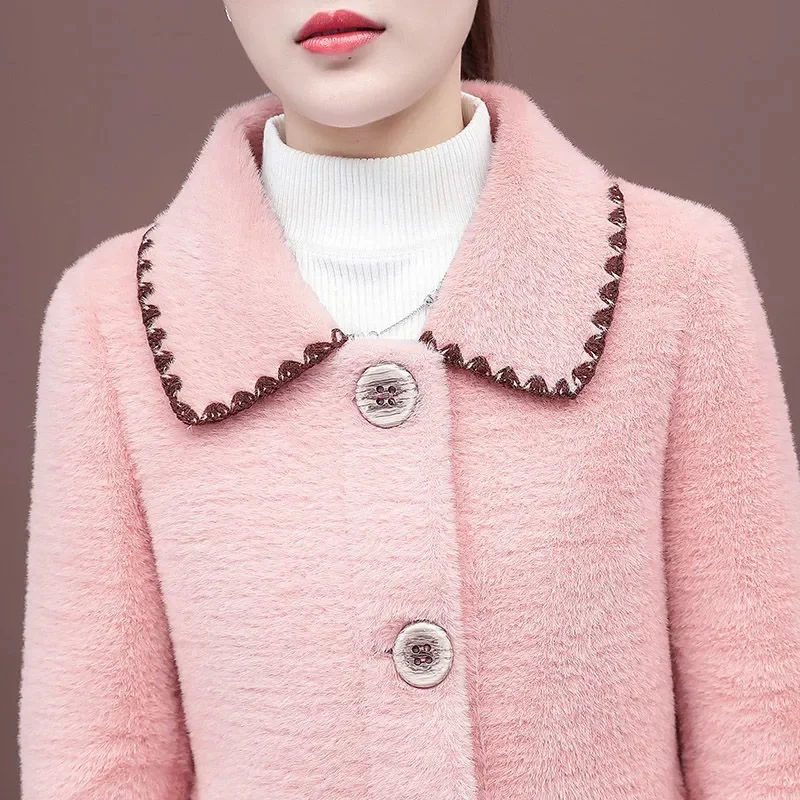 Short Imitation mink Velvet Spring Coat Women's 2022 New Autumn Winter Windbreaker Female Wool Jacket Long Pink Parkas Vintage