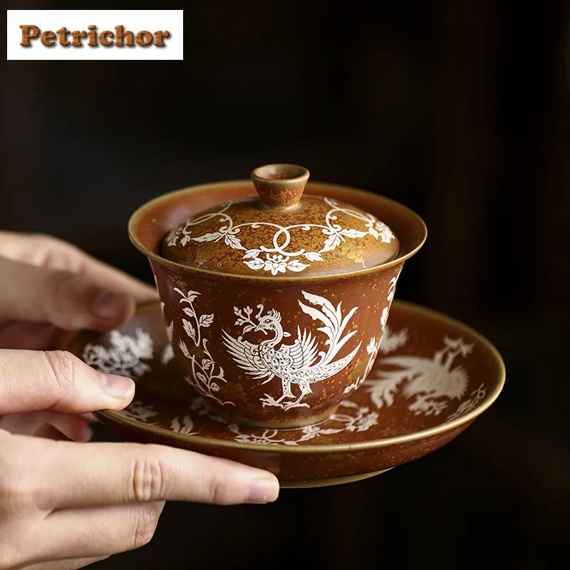 

120ml Hand-painted Blue Bird With Pot Bearing Holder Gaiwan Zen Tea Tureen Tea Bowl With Lid Kit Tea Maker Cover Bowl Cha Gift