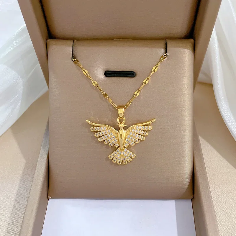 Charm Gold Color Stainless Steel Zircon Phoenix Wings Pendant Necklace for Women Fashion Shiny Choker Jewelry Accessories Gift