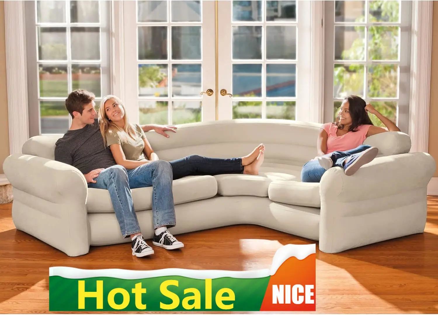 

Inflatable Corner Sofa, L-Shaped Couch with 880 lb. Weight Capacity, 2-in-1 Valve for Easy Indoor Setup, 101" x 80" x 30”