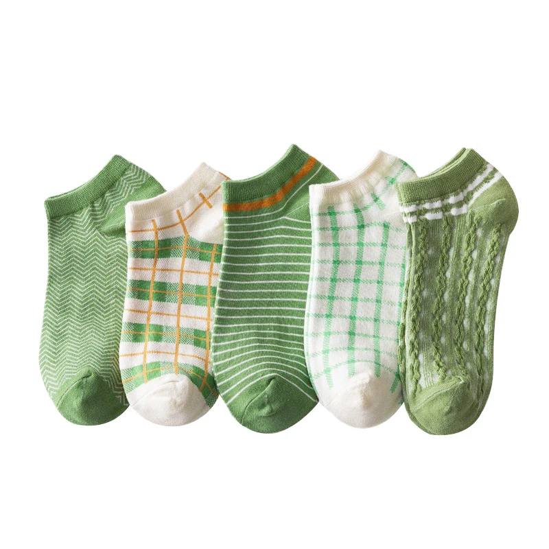 

5 Pairs Spring Summer Women Socks Printing Green Cotton Women's Boat Socks Casual Sports Shallow Mouth Socks Invisible Socks
