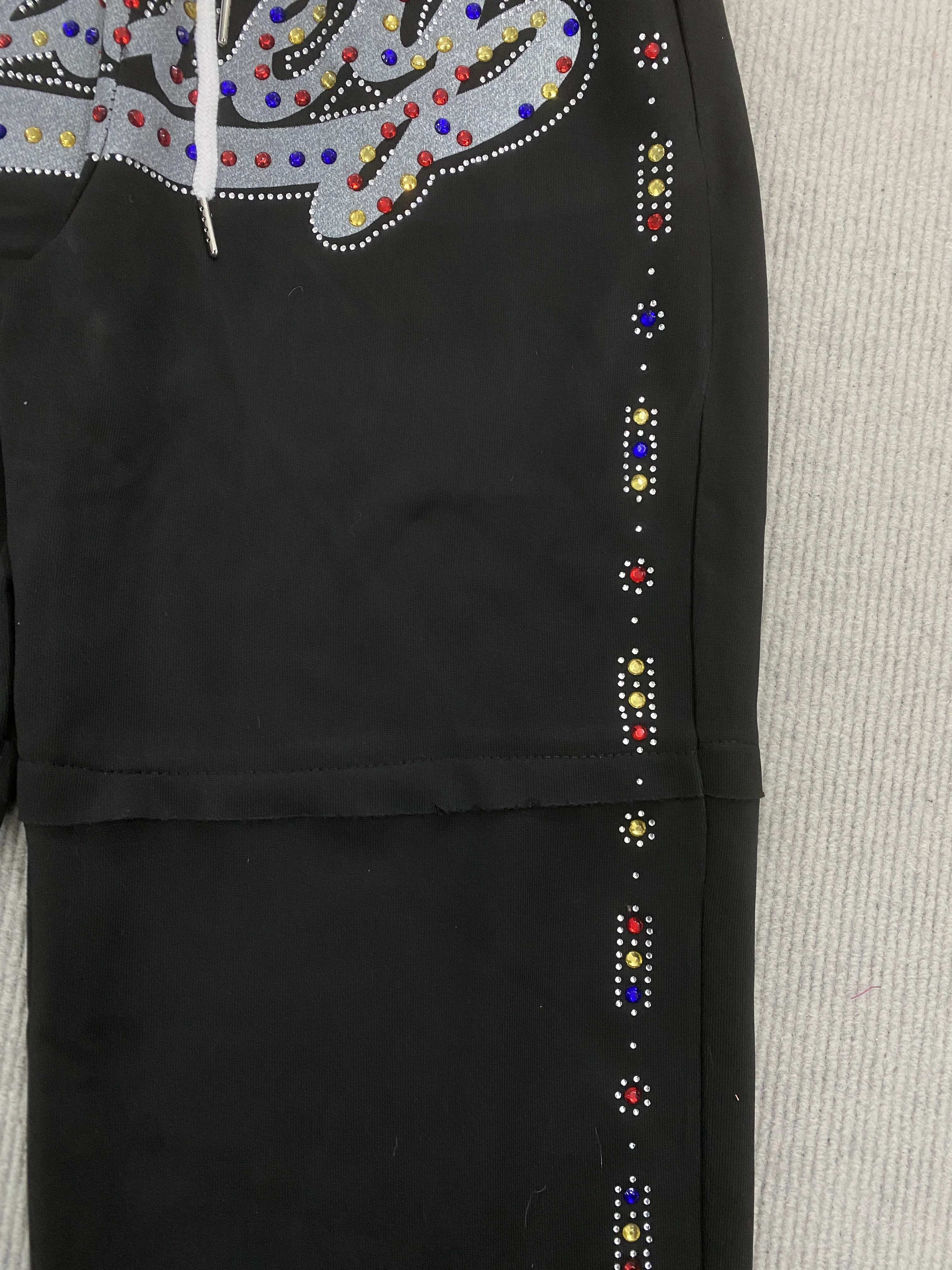 Y2K Streetwear Waist Drawstring Colorful Rhinestone Cursive Logo Dual Side Vertical Gem Strip Loose Straight Track Pants - view 6