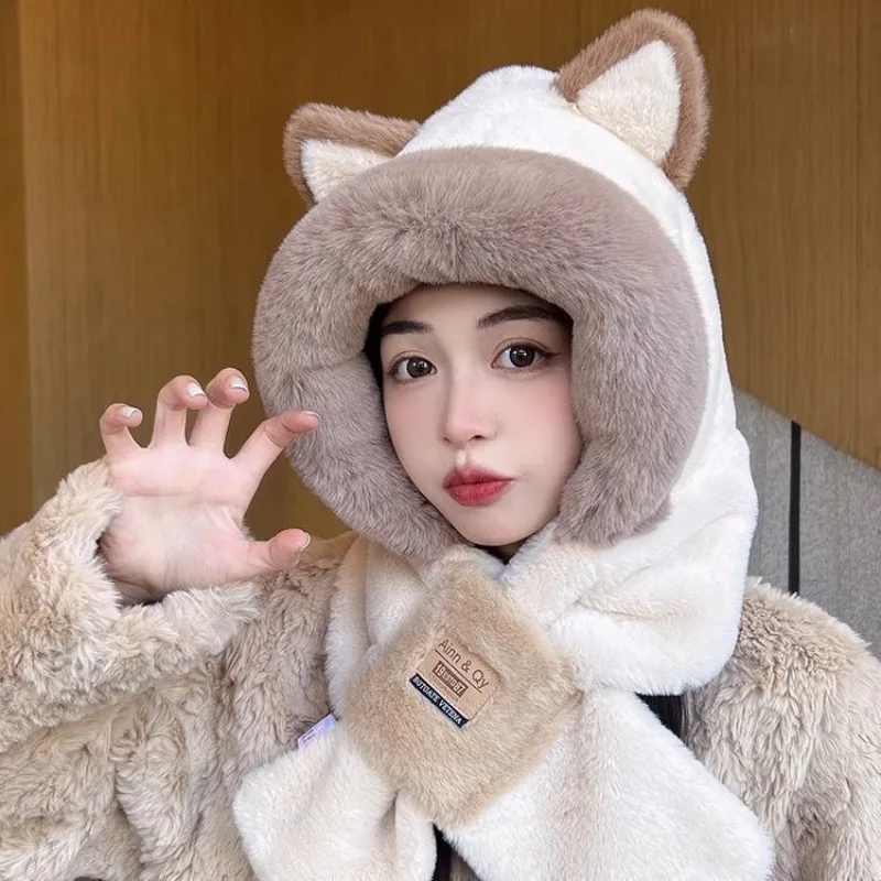 Winter All-match Cute Plush Hat To Keep Warm in Winter Thickened Anti-freeze and Windproof Hooded Scarf Scarf All in One