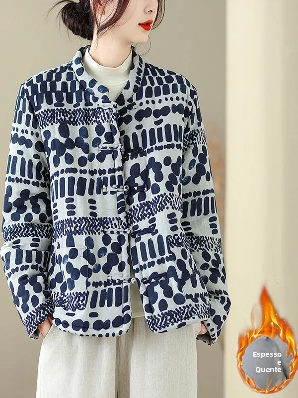 

Thickened Cotton Jacket Women's Retro Printed Cotton Linen Blend Coat Large Size Autumn Winter Fashion Commute Style Loose Fit