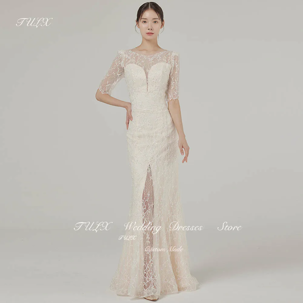 

TULX Korean Elegant Lace O-Neck Evening Dresses Wedding Party Dress Photo Shoot Mermaid Long Slit half Sleeve Prom Dress Corset