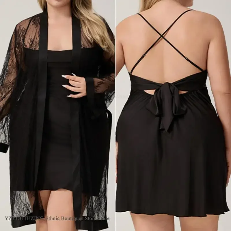 Plus Size Sexy Perspective Lace Lingerie Twinset Robe Set Balck Ice Silk Suspender Nightgown Home Dress Loose Women Sleepwear