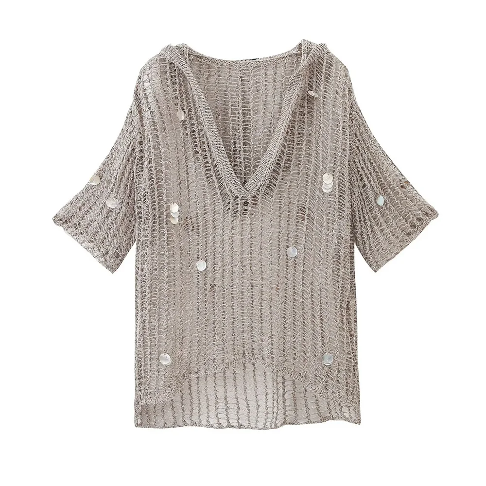 PB&ZA2024 Summer New Product Casual Women\'s Fashion V Tie Hat Hollow Metal Thread Knitted Beaded Cover Up Outer Shirt