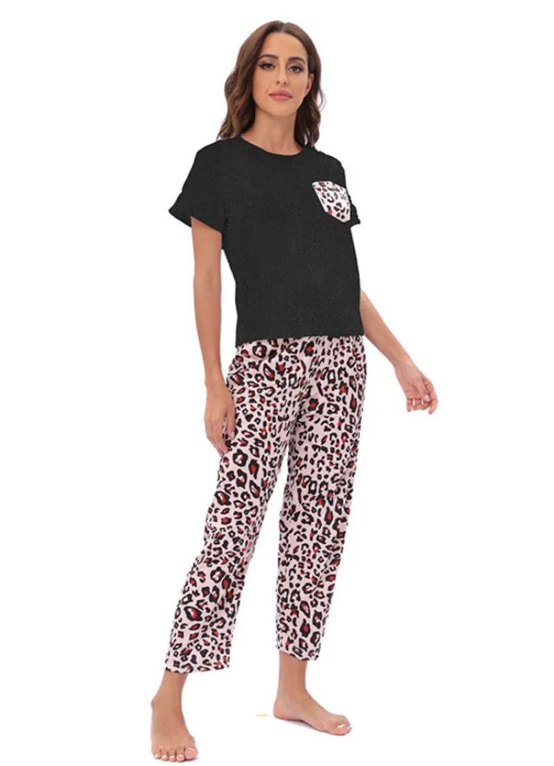 Damen Pyjama Set 2 Stück Leoparden muster Pyjama Tasche Nachtwäsche Frühling Sommer Kurzarm Hosen Pijama Mujer Pyjs Homewear