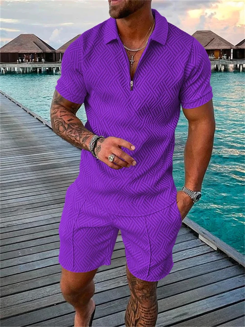 Men's Summer Solid Color Zipper Casual Lapel Short Sleeve Set 3D Retro Polo Shirt Street T-shirt Shorts Sports Two Piece Set