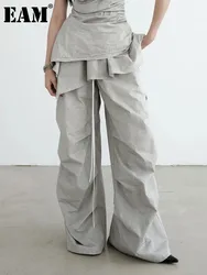 [EAM] pantalones de pierna ancha largos plisados con volantes y cordón gris de cintura alta nuevos pantalones de moda para mujer primavera otoño 2024 1DH6257