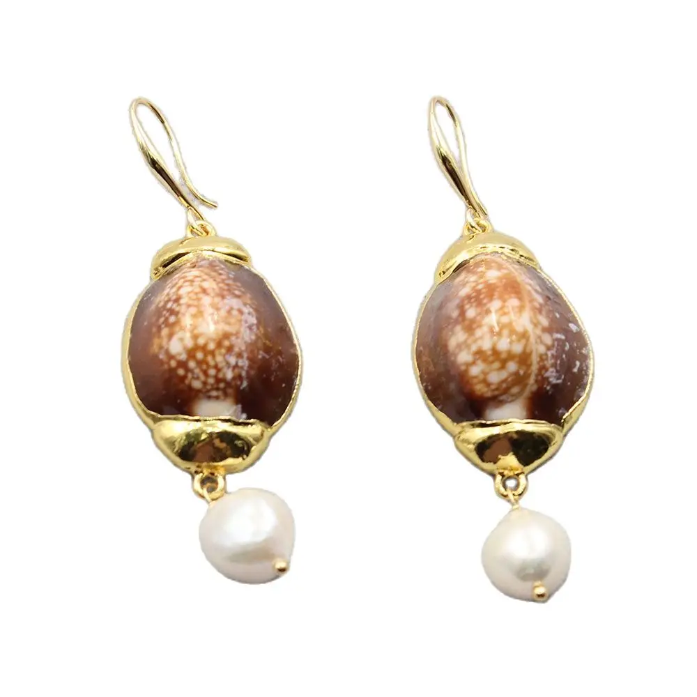 Natural White Baroque Pearl Teardrop Shape Gold Plated Sea Shell Hook Earrings Handmade For Women Fashion Jewelry