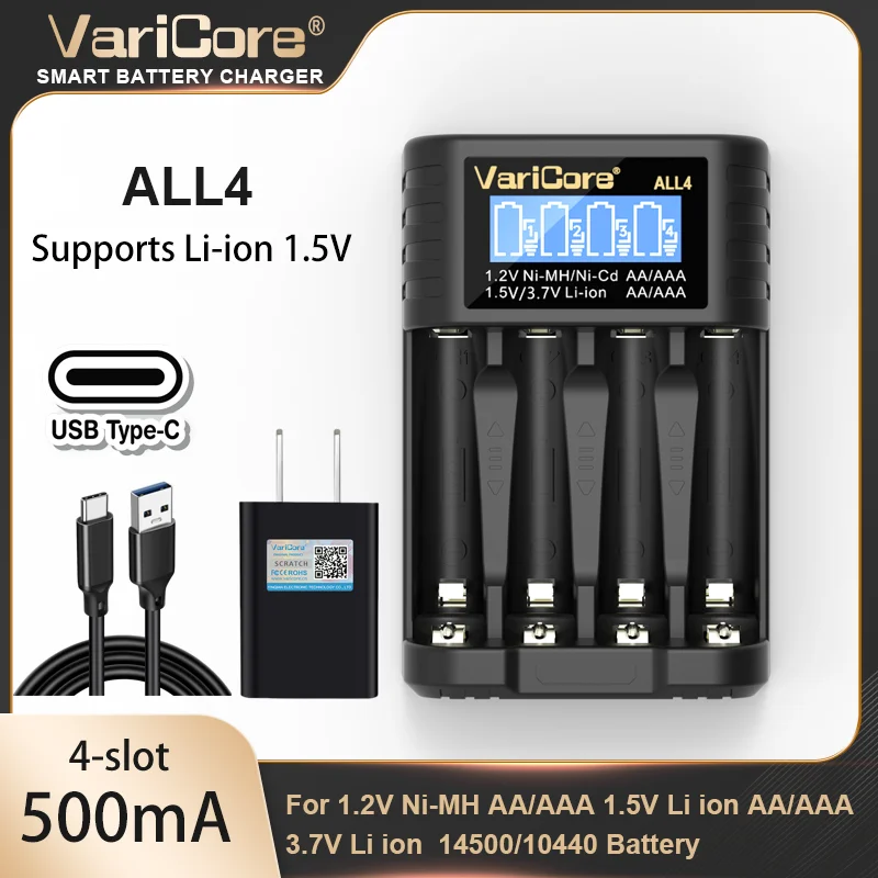 Caricabatteria Varicore 4 slot per 3,7 V Li-ion 14500 10440 1,2 V Ni-MH Ni-Cd AA AAA 1,5 V Ricarica rapida e sicura