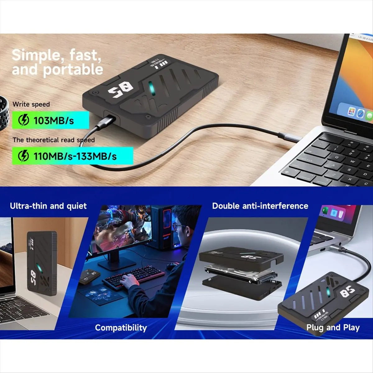 A46U 2.5-Inch Portable External Type-C HDD RGB Portable Type-C 2.5Inch Hard Drive Expansion Storage Disk for PC Laptop 500GB