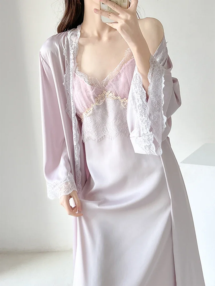 Sexy Ice Silk Court Style Pajamas Women's French Suspender Nightgown Sleepwear Lace Two-piece Homewear Set Dress