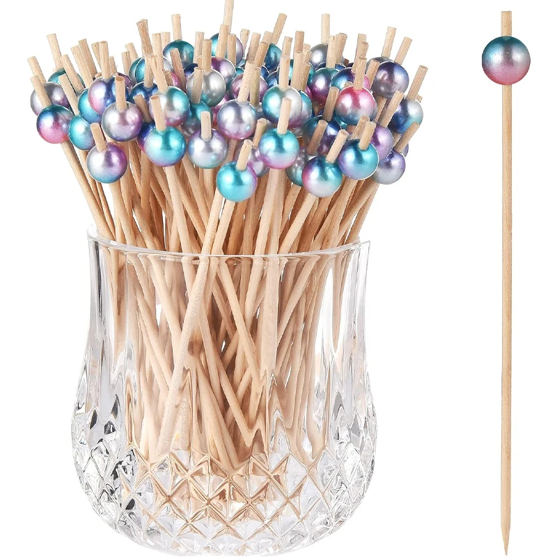 100Pcs Cocktail Picks for Appetizers, Rainbow Pearl Wooden Toothpicks Skewers Sticks for Food, Drinks, Fruits, Party Supplies