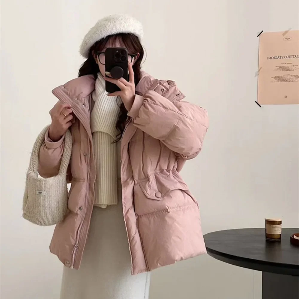 White Duck Down Jacket Women 2024 New Winter Long Hooded Adjustable Waist Down Coat Female Casual Fashion Warm Zipper Outwears