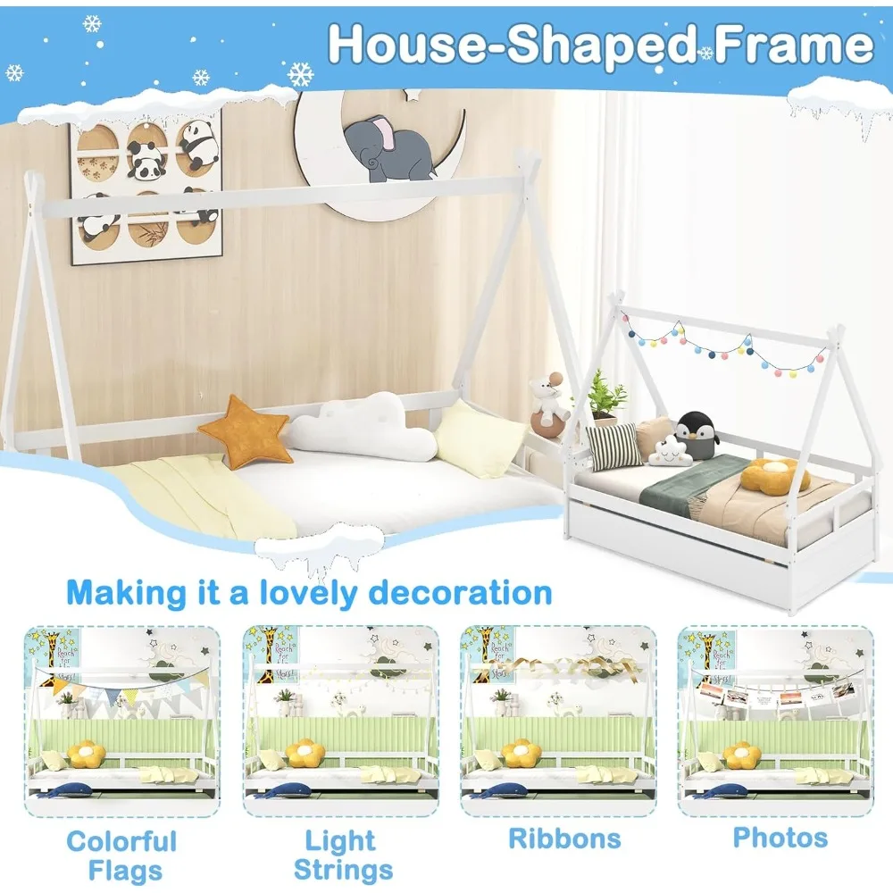 سرير منزلي خشبي مزدوج الحجم مع دولاب، سرير نهاري للأطفال بإطار من الخشب الصلب، سقف، درابزين أمان ودعم شريحة خشبية، P