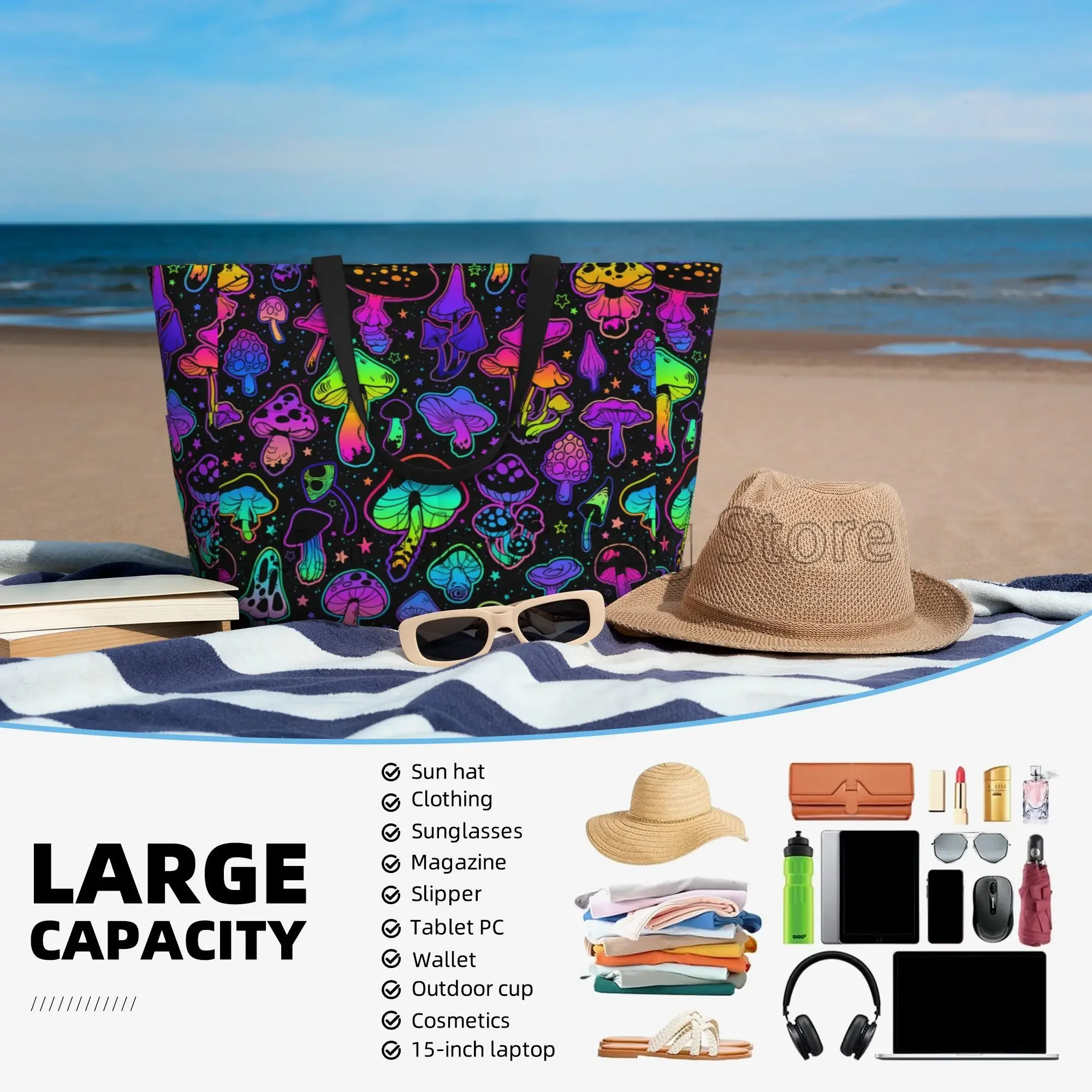 Magic Mushrooms Large Beach Tote Bag Women Waterproof Sandproof Zipper Beach Tote Bag for Pool Gym Swim Travel Vacation