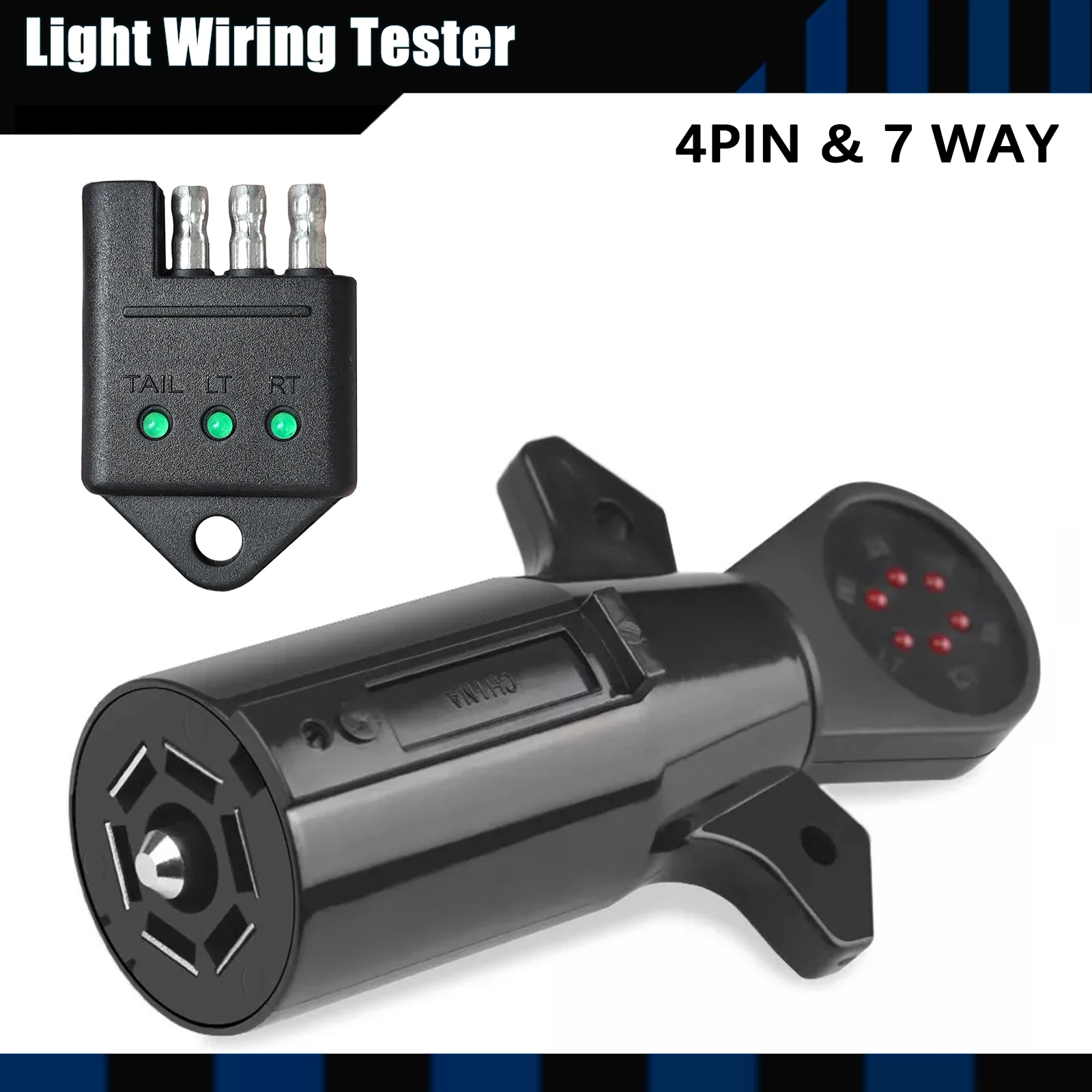 4 Pin Flat 7 Way Round Plug and Play RV Blade Trailer Light Wiring Circuit Tester Light Connector Test Plug 12V