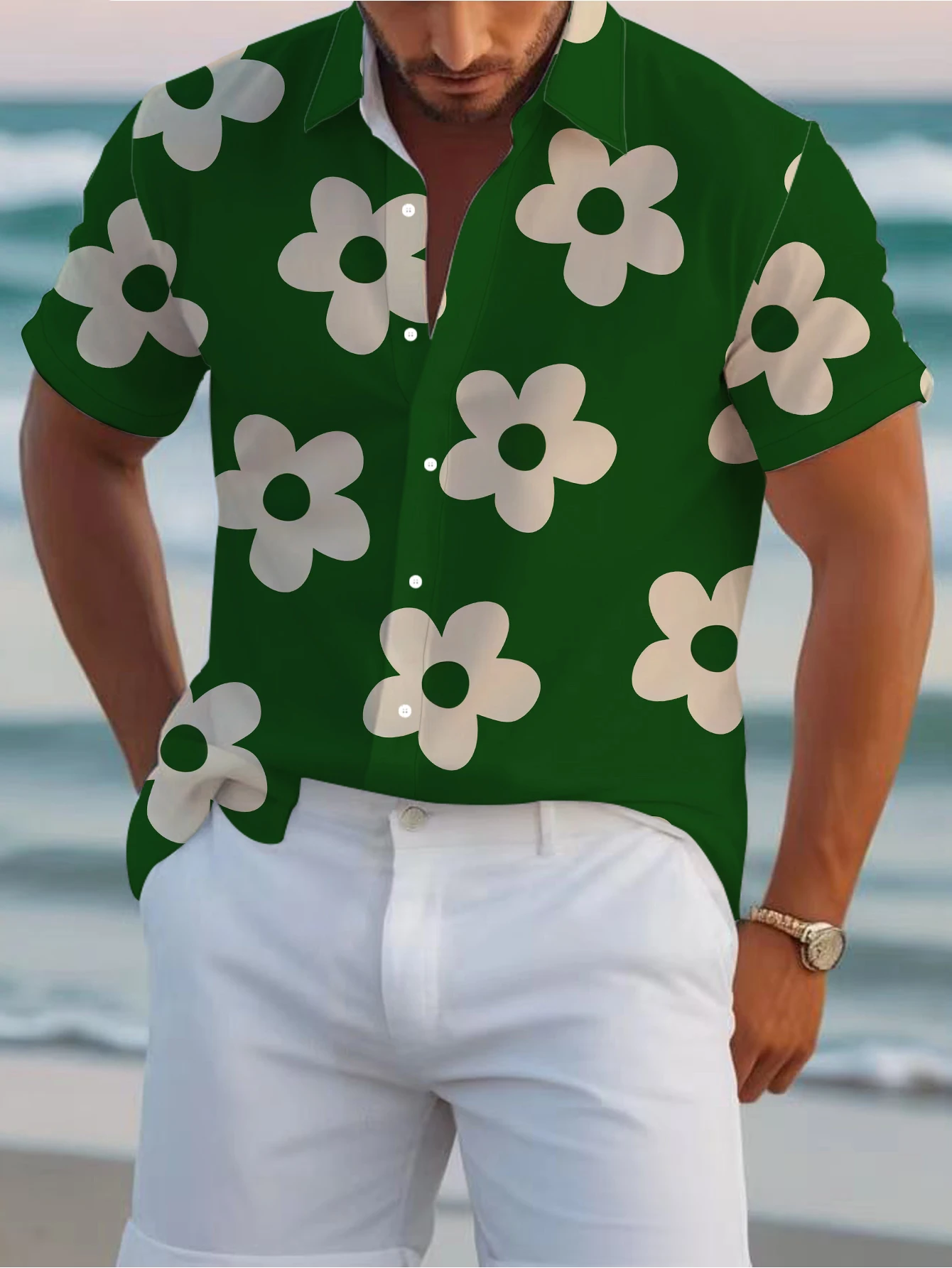 Camisa de manga curta simples e versátil masculina, com impressão 3D de flores, tops masculinos, estilo europeu e americano, verão