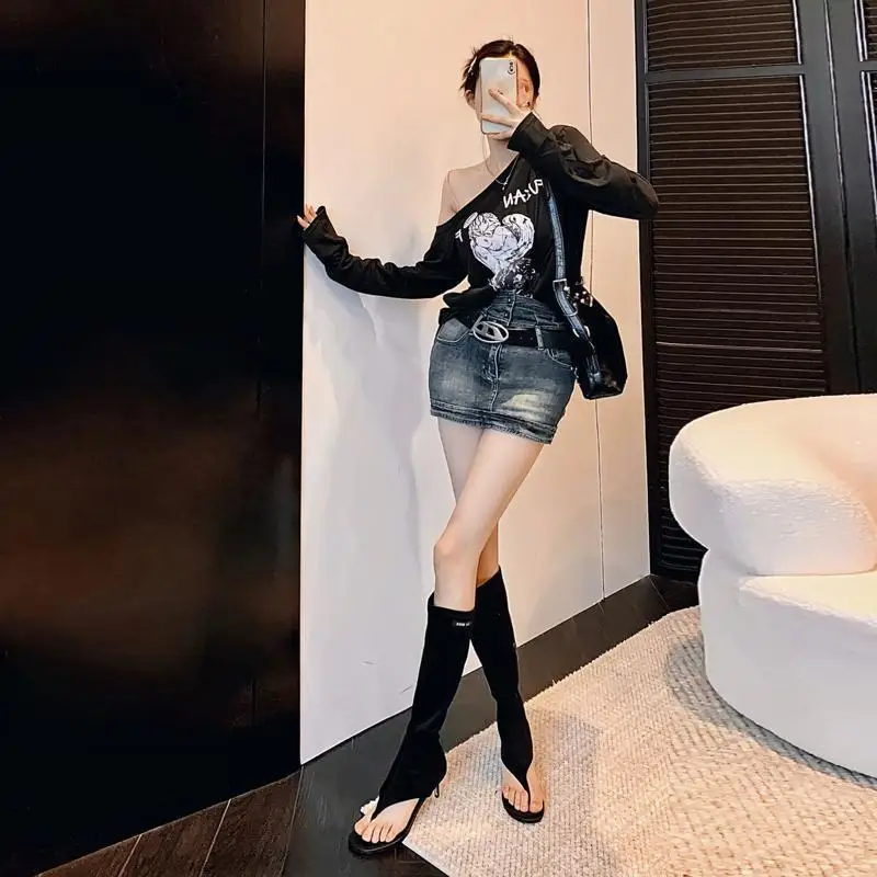 Picture 6: Summer Boots 2025 Black Open Toe Clip-On Knee Boots Women's Modern Booties Thin Low Heel Heels New Side Zip Spring Party Sandals