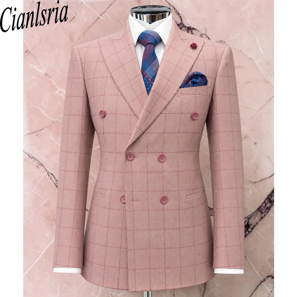 Men's Double Breasted Windowpane Check Suit Blazer Classic British Style Pink Plaid Jacket Slim Fit Wedding & Business Formal