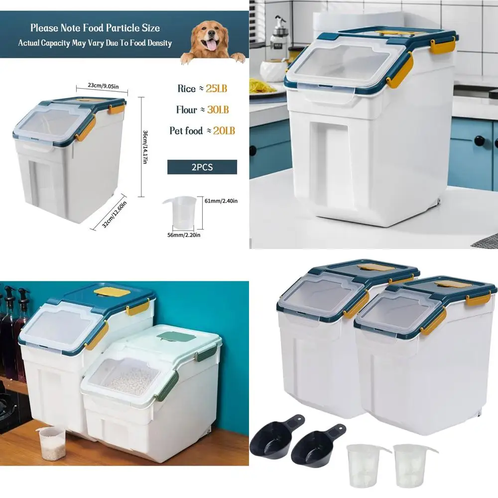 

Герметичный контейнер для хранения риса на 25 фунтов с колесами, крышкой с герметичным замком, без BPA, в комплекте мерная чашка и ложка для риса и круп (синий)