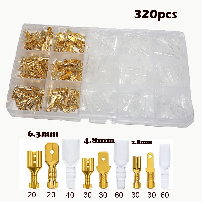 135/320PCS 2.8mm 4.8mm 6.3mm Male and Female Wire Spade Connector and Insulating Sleeve Assortment Kit for Car Audio Speaker