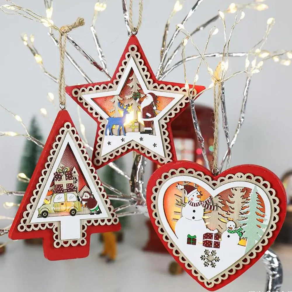 Hanging Hole Design Christmas Wooden Glowing Pendants Pentagram Wooden Crafts Luminous Wooden Pendants Pentagram Elk Snowman