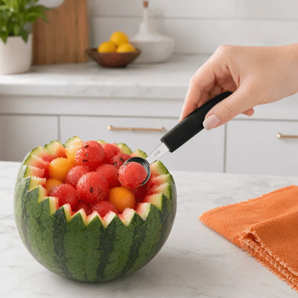 7 PCS Stainless Steel Melon Baller Set Rubber Handle Black Silver Fruit Scooper Tool Various Shapes Easy Grip Watermelon Scooper