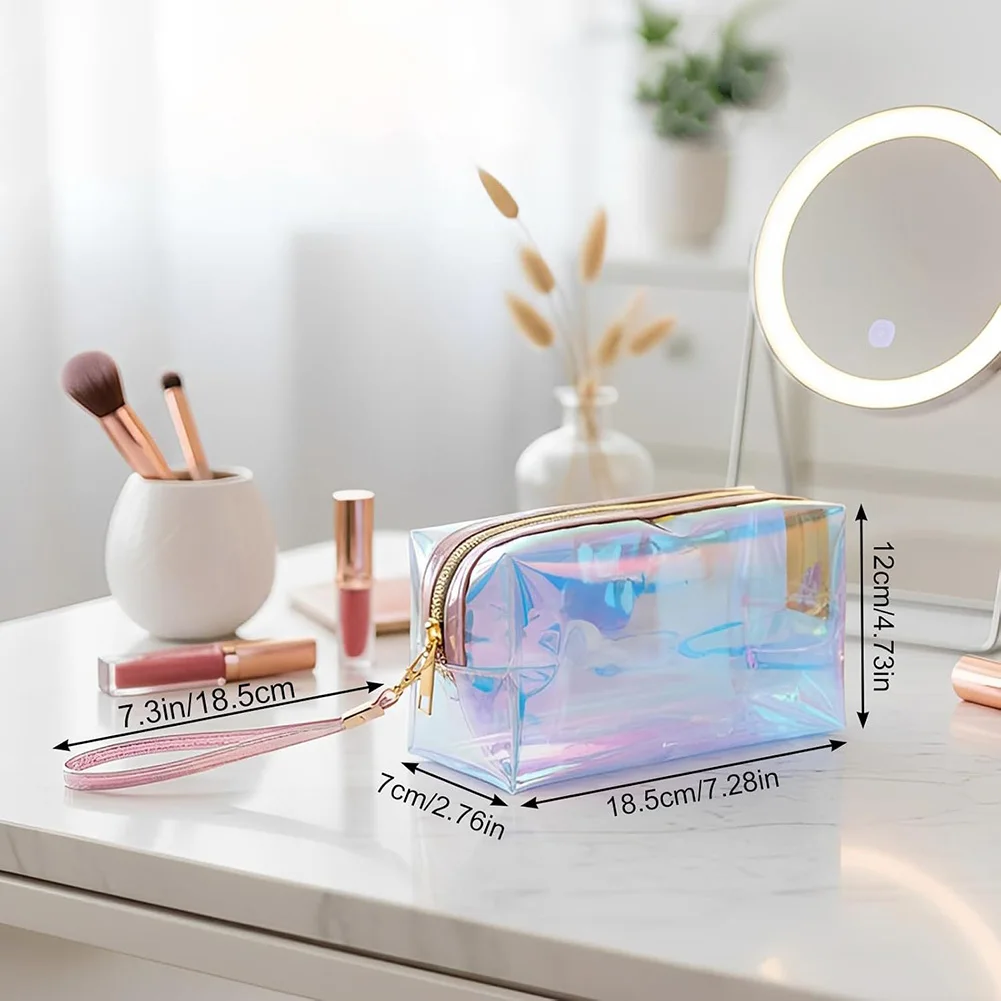 Lightweight 2 Piece Iridescent Holographic Makeup Bag Set Zipper Closure for Travel Daily Essentials Organization