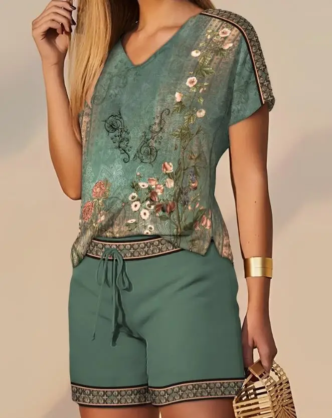 Conjunto elegante de dos piezas para mujer, traje informal de manga corta con estampado Floral Tribal, Top y pantalones cortos con cordón, traje