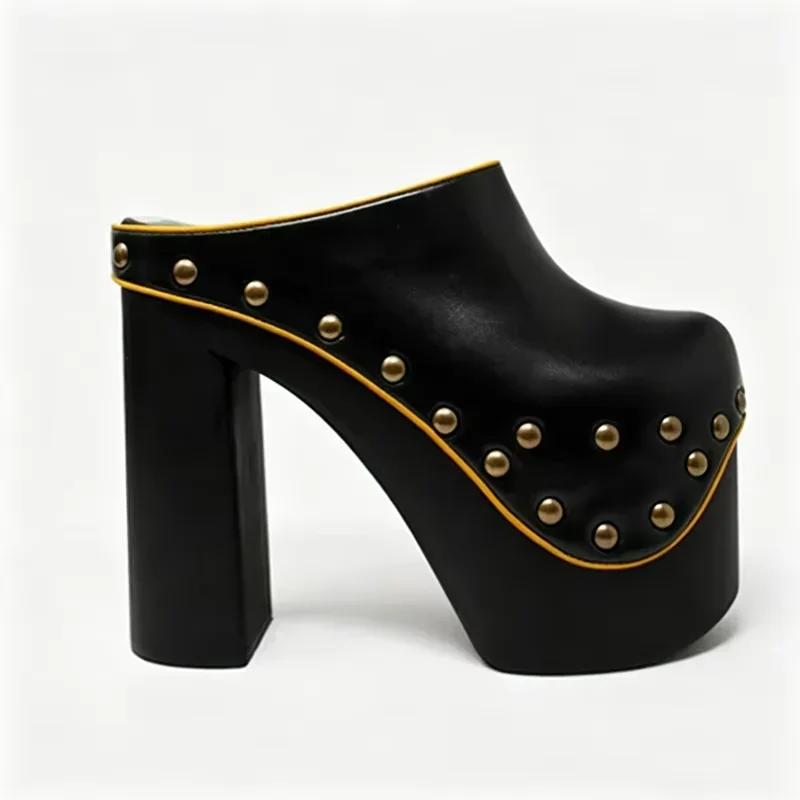 Platform Metal Rivet Square Heel Pumps Sexy Round Toe Slip On Patchwork Leather Customized New Arrivals Fashion Women Shoes