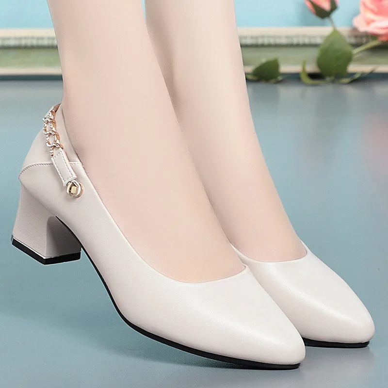 

Solid Color Pumps Pointed Toe Ladies Shoes Shallow Spring Autumn Shoe Square Heel Fashion Middle-aged Pumps PU Leather Soft