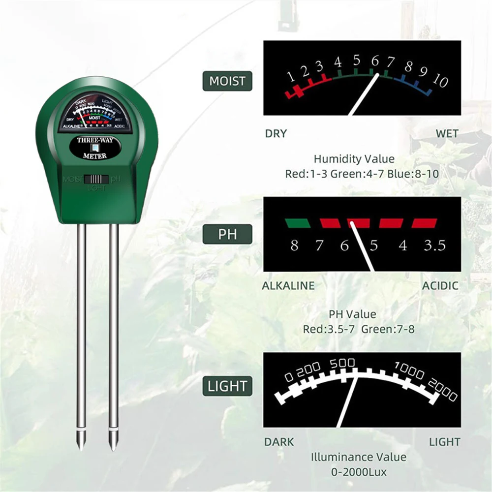 3 in1 Soil Water Moisture PH Meter Acidity Humidity Sunlight Light PH Test Garden Flowers Moist Sensor Tester Testing Instrument