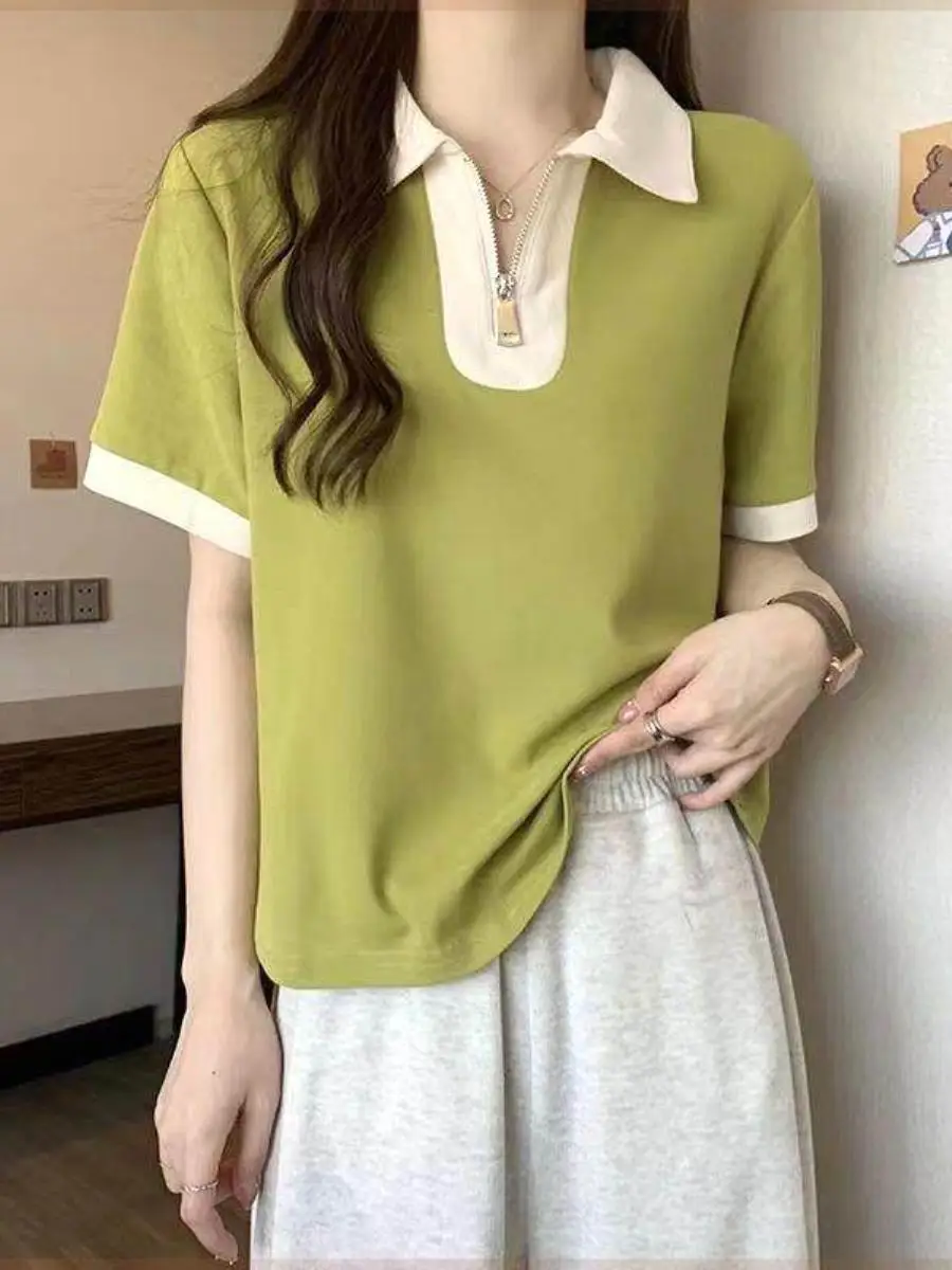 slimming-fit-short-sleeve-t-shirt-women's-summer-new-arrival-small-audience-design-collar-zipper-short-top-plus-size-ear-covers