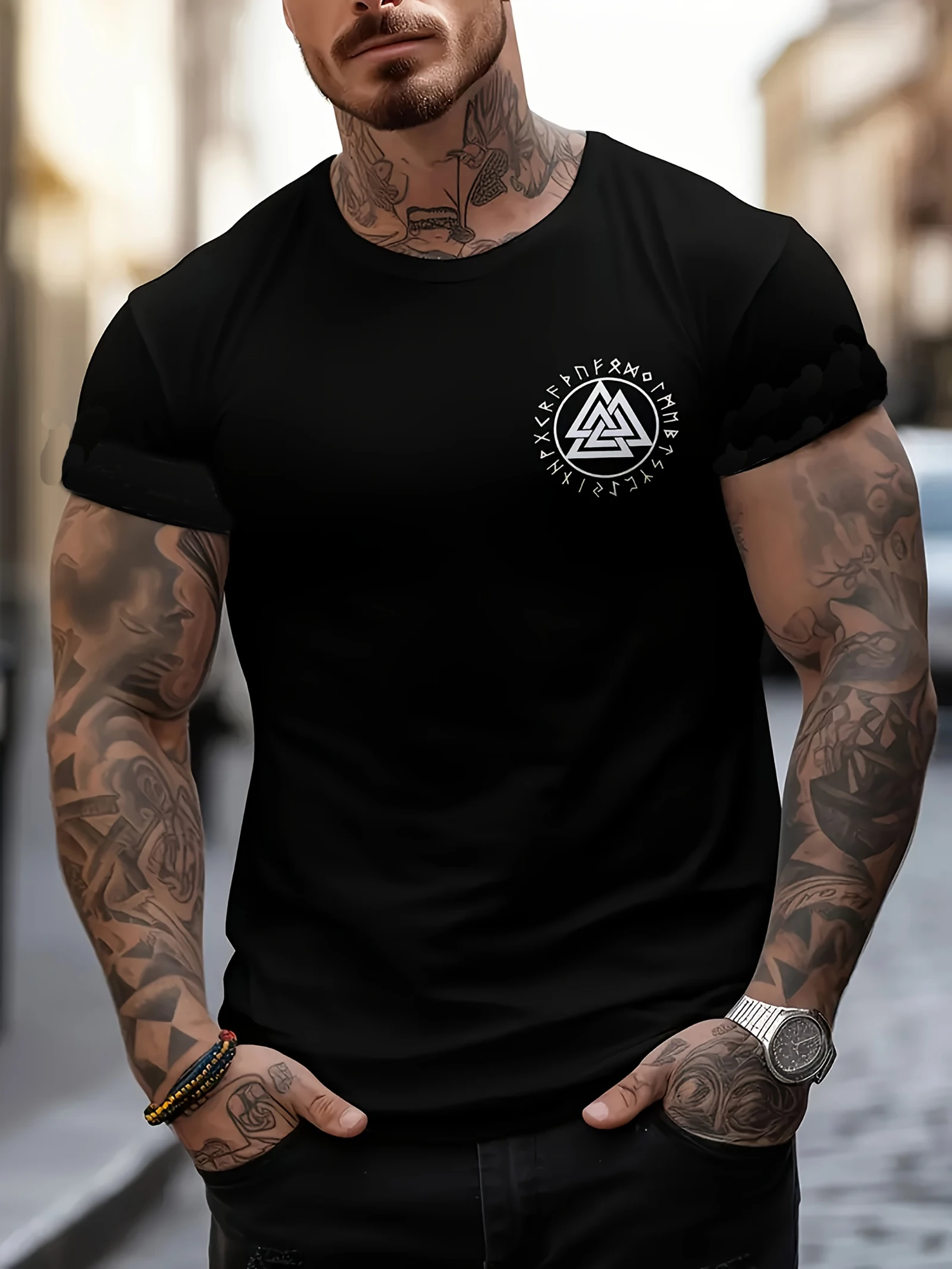 Nordic Warrior Vegvisir Compass with Futhark Runes T-Shirt 100% Cotton O-Neck Short Sleeve Summer Casual Mens T-shirt Streetwear
