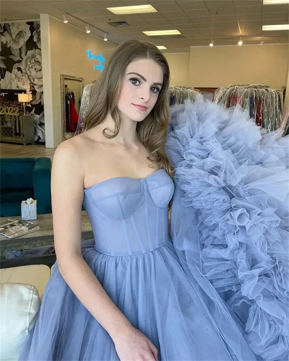 Annie Sexy Strapless Prom Dresses Handmade Organza Ruffles Vestidos De Fiesta Elegantes Para Mujer 2024 Blue Graduation Gown