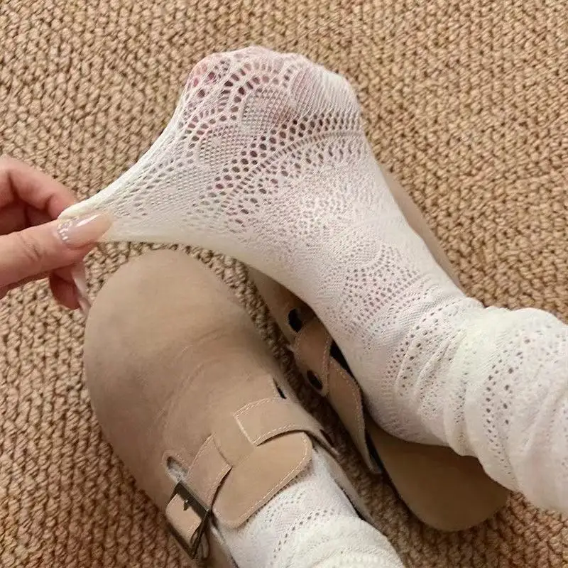 Thin Hollowed Out Knitting Retro Flower Fashion Socking Y2k Solid Breathable Elasticity Socks Sweet Mesh Hosiery Midcalf Socks