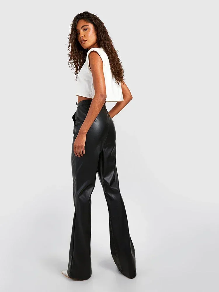 Matte Faux Leather Women Slim Flare Pants Stretch PU Vintage Lady Bell-Bottom Trousers With Pockets Street Casual Costume Custom