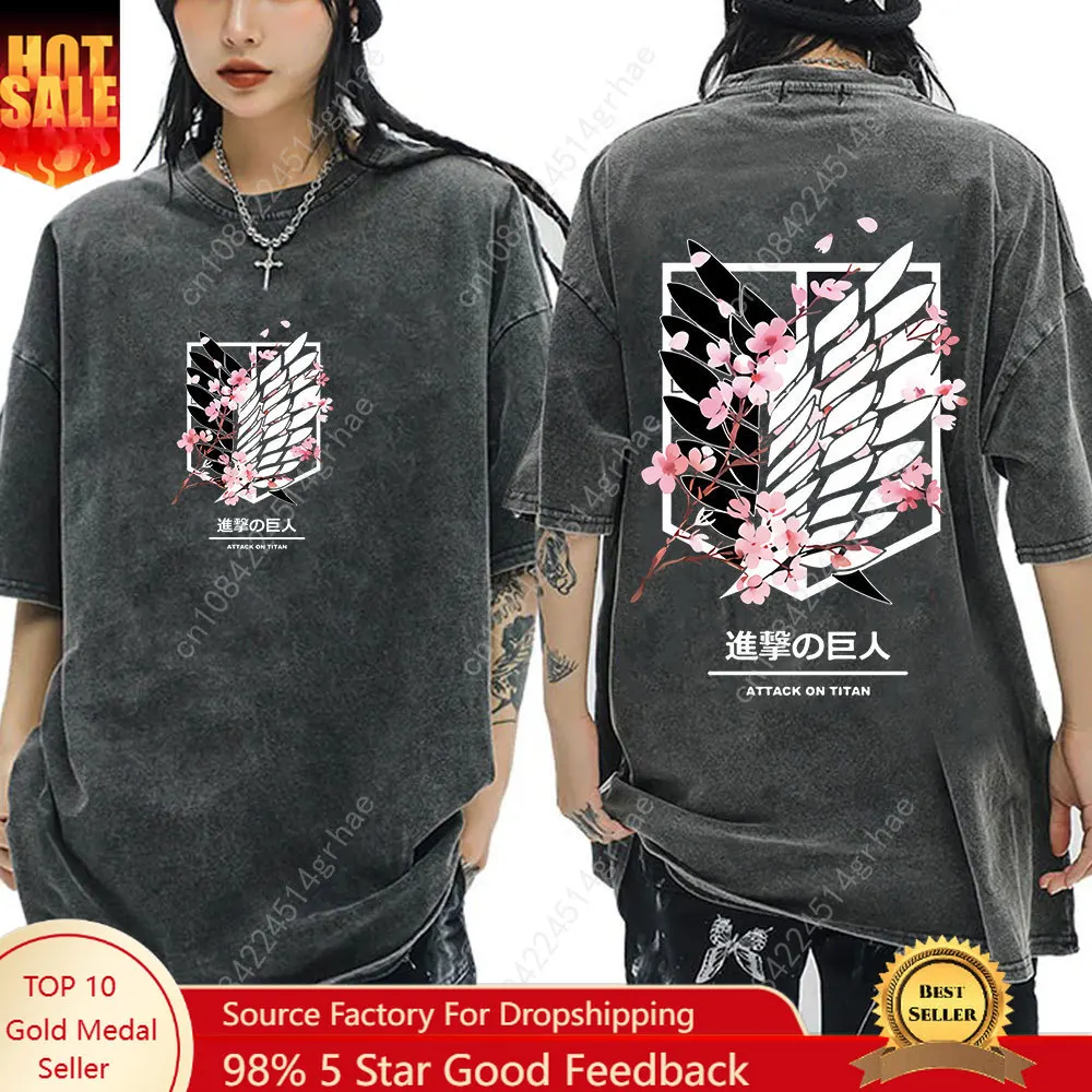 

Anime Attack on Titan Washed T-Shirt Ackerman Mikasa Eren Jaeger Cherry Blossom Graphics Logo T Shirt Men Women Cotton T Shirts