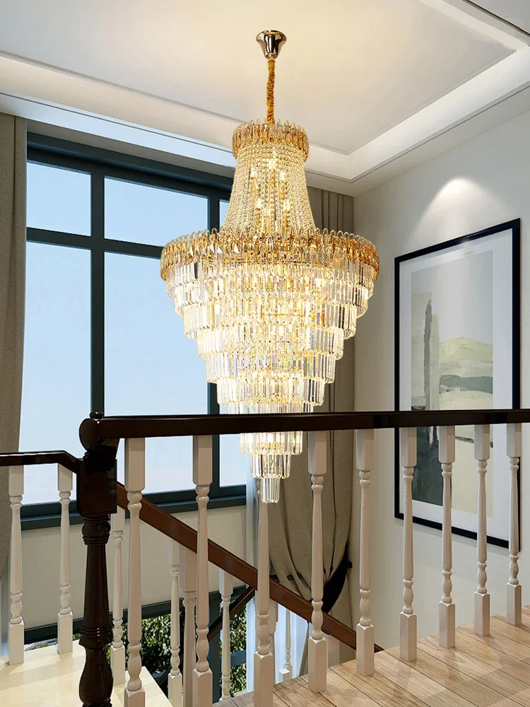 Duplex Building Loft Living Room Crystal Chandelier Villa Mid Floor Cantilevered Hollow Mezzanine Staircase 2025 New Light Luxur